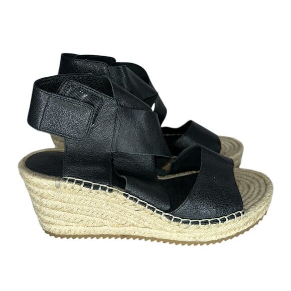 Eileen Fisher Willow Tumbled Black Grained Leather Strap Raffia Wedge Size 7.5 - Picture 5 of 10
